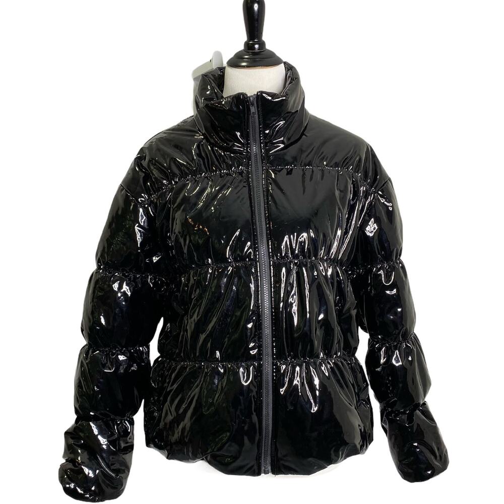 Scripted Puffer Jacket Womens Sz L Black Glossy Long Sleeve Full Zip Modern